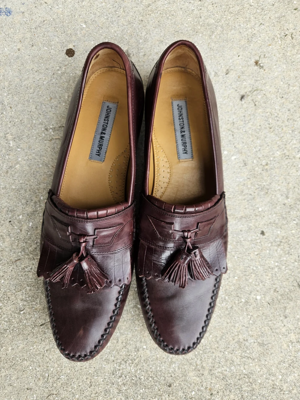 Johnston & Murphy Tassel Kiltie Loafers Cognac Italian Leather Mens 12 Burgundy